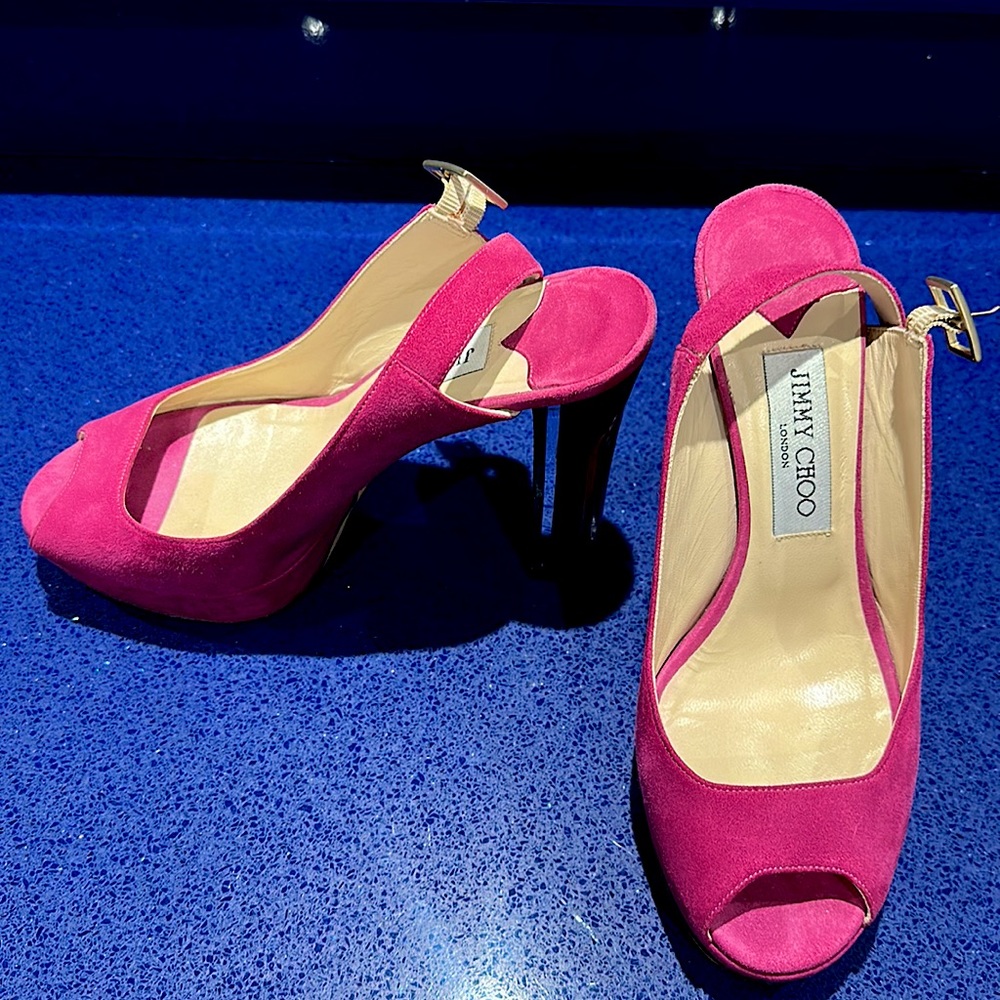 JIMMY CHOO! Raspberry suede sling back suede wedge sandals